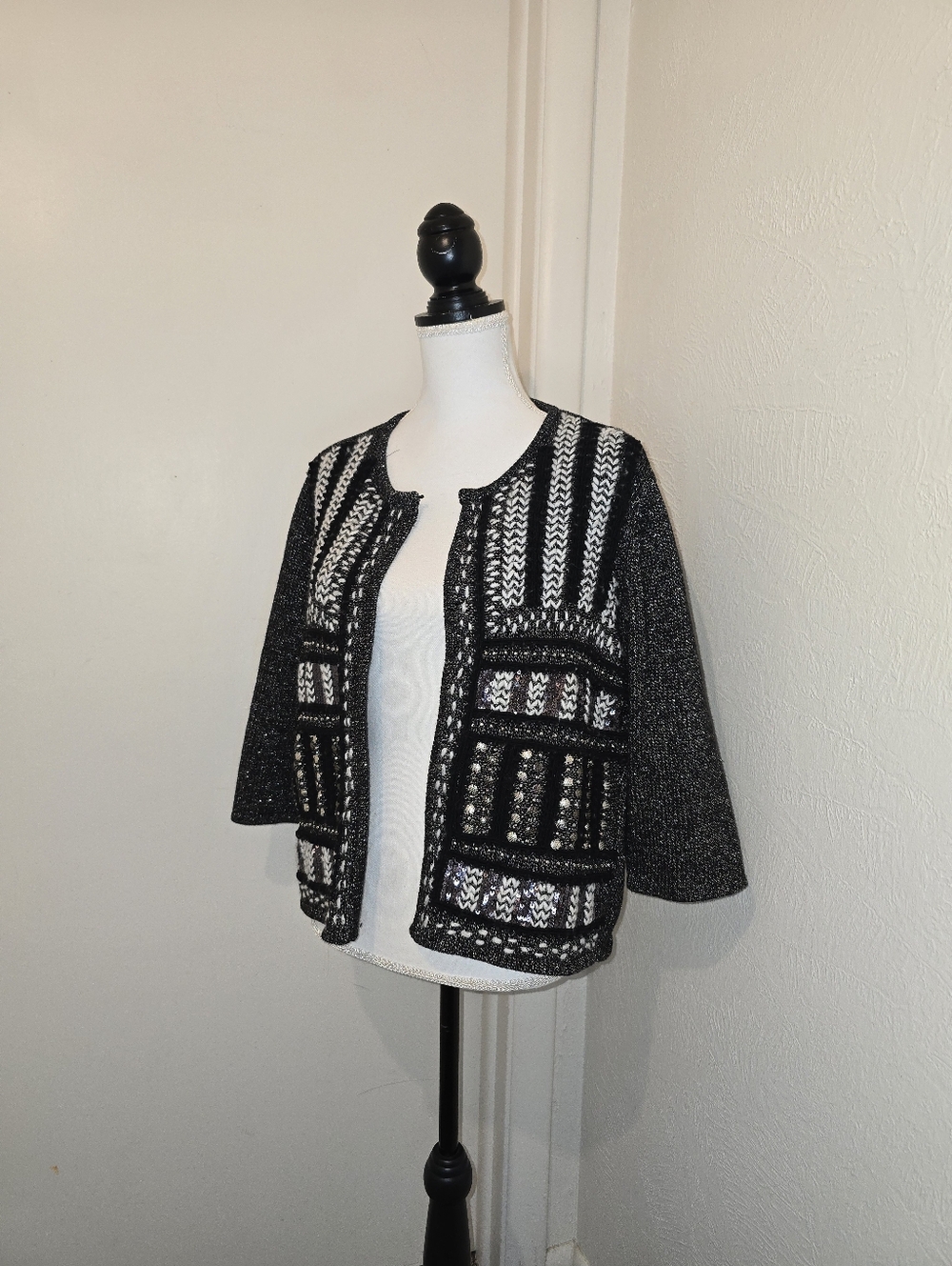 Chico's Black And White Plus Silver Metallic Open-Front Cardigan Size 3 Or Large